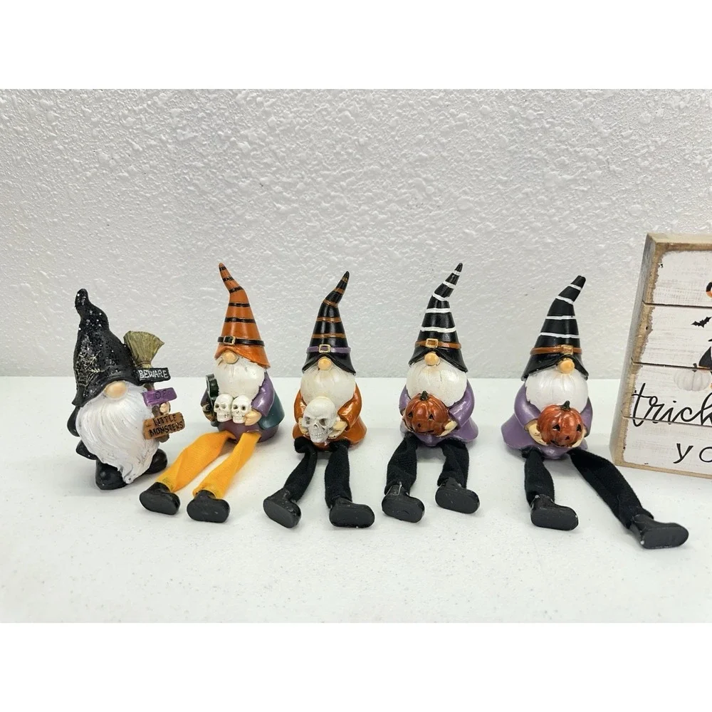 Halloween Gnome Decor Lot 6 Witch Gnomes Dangly Legs Pumpkins Skulls